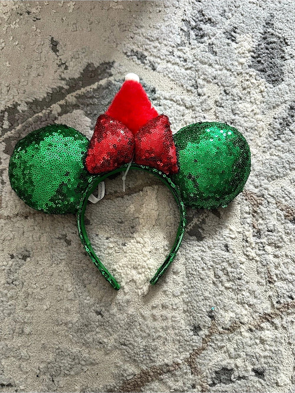 Disney Parks Green Sequin Minnie Mouse Ears Headband with Red Santa Hat Bow